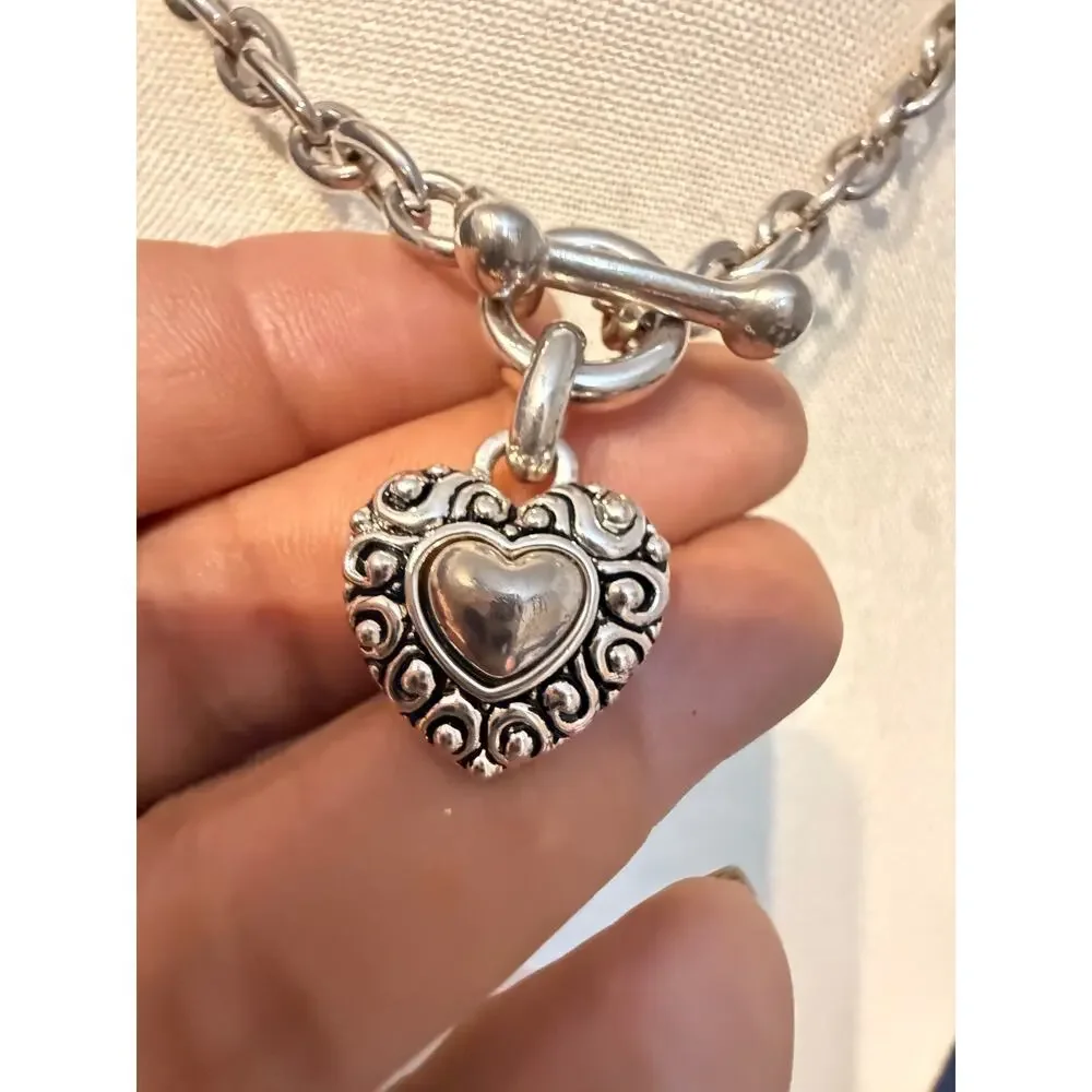 Vintage Silver Tone Heart Pendant Toggle Necklace 16”